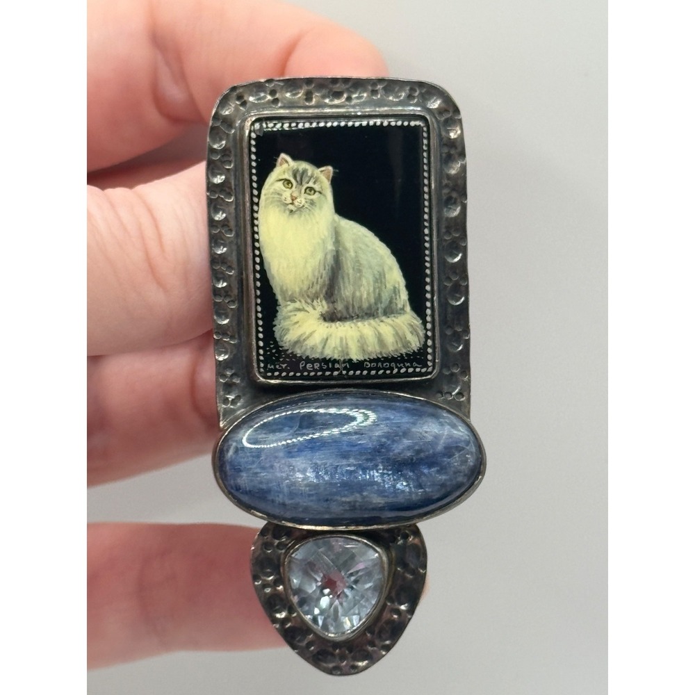 Amy Kahn Russell Painted Persian Cat Sterling Silver Labradorite Brooch Pendant